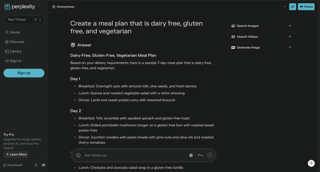 Image of sample meal plan produced by Perplexity.